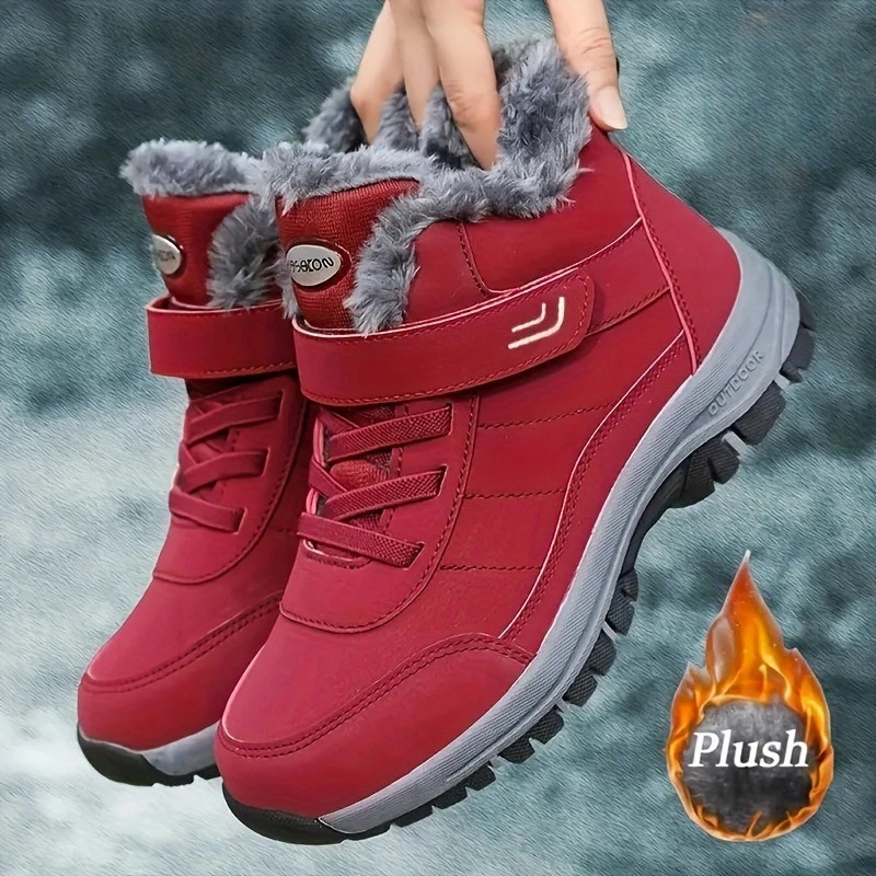 Women Snow Boots Waterproof Warm Plush Lining Anti-Slip Sole Low Heel Ankle High Stylish Two-Tone Winter Essential Causal Shoes