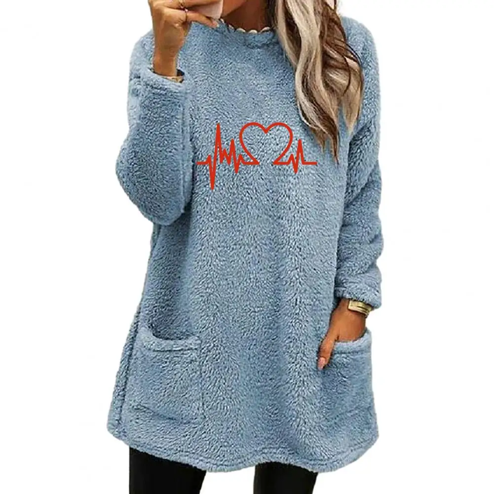 Winter Sweatshirt Heart Print Women's Sweatshirt Cozy Stylish Mid-length Pullover with Pockets Soft Warm Loose-fitting Top Loose