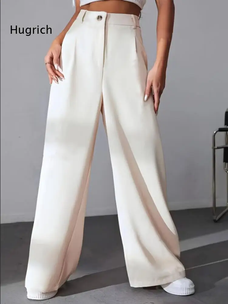 Elegant White Palazzo Pants for Women Featuring Button Closure and Front Pleats Soft Drapey Material Summer Spring Essential
