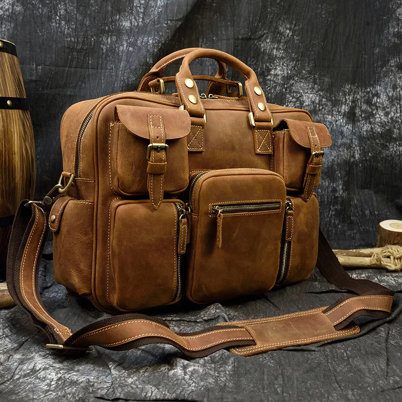 Men's Crazy Horse Leather Briefcase 16" Real Leather Business Bag Laptop Shoulder Bag Multifunctional Cowhide Travel Duffel Tote