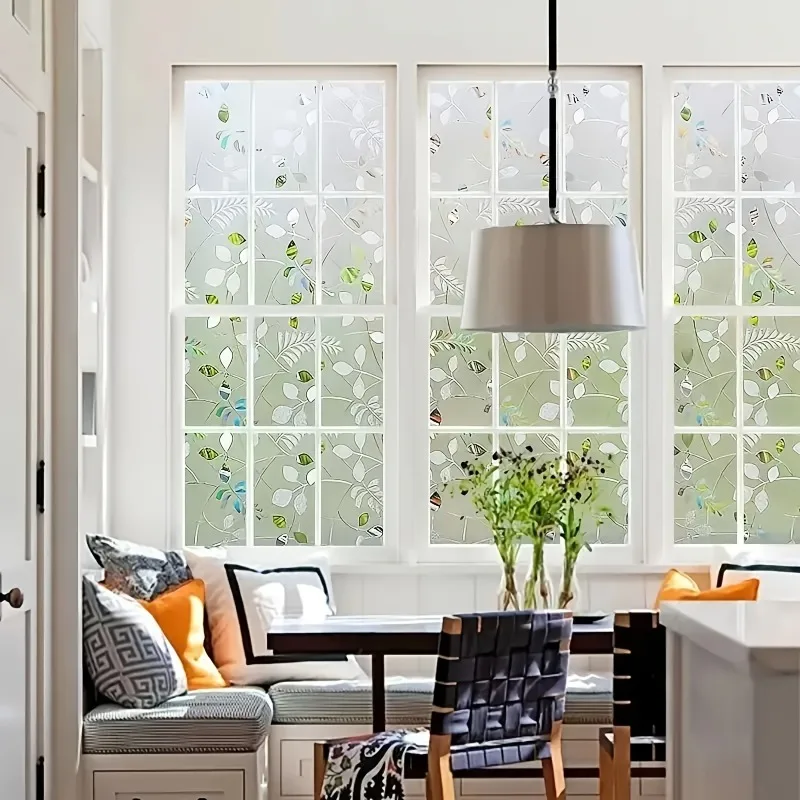Leaf Pattern Privacy Window Film Roll Frosted Static Cling No Glue UV Block Heat Block for Bathroom Kitchen Door