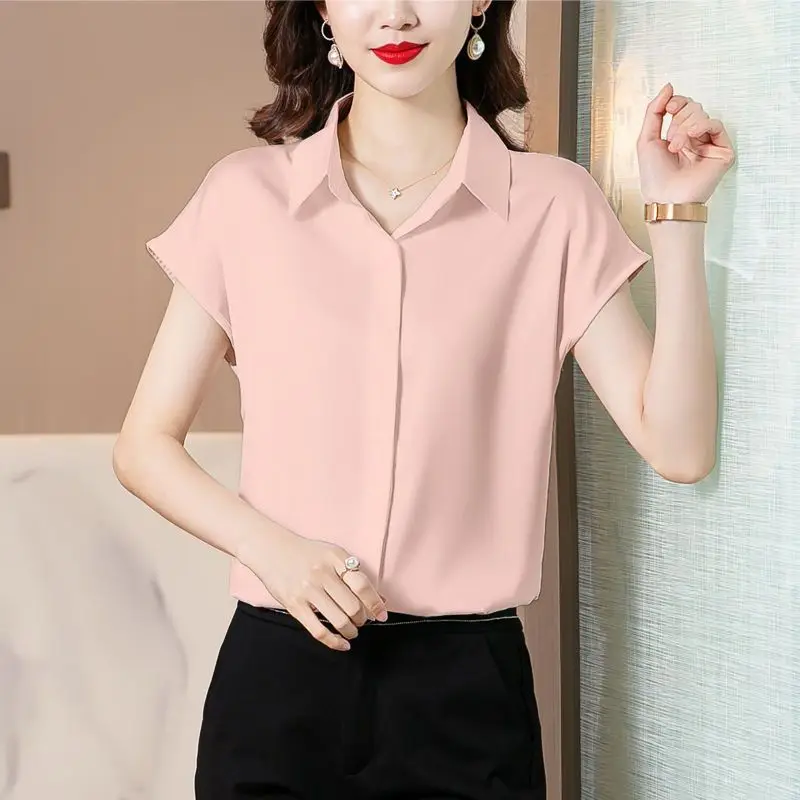 Women Clothing Temperament Solid Color Loose Blouse Summer New Short Sleeve Polo Neck Thin Elegant Shirt Tops Fashion Office