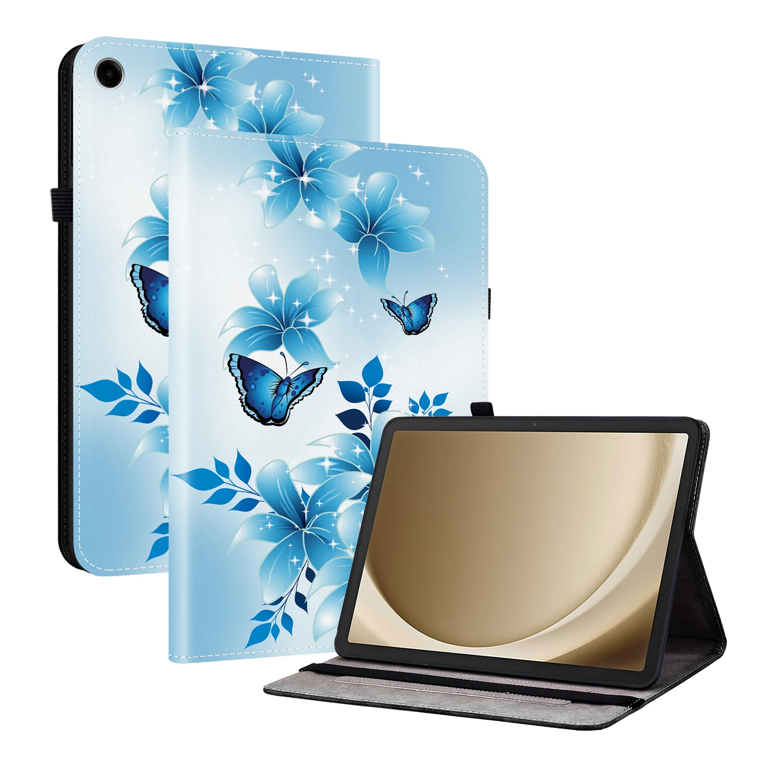 

Для Samsung Galaxy Tab A11 + кожаный чехол с рисунком и подставкой для планшета с отделениями для карт - синяя бабочка