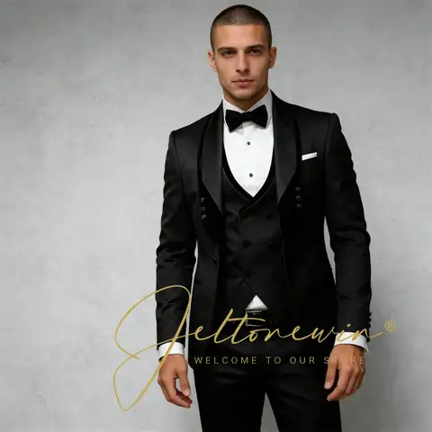Fashion Black Suit Set Men's 3-Piece Suit Jacket Vest Pants Tailored Slim Fit Wedding Tuxedo Prom Suit Groomsmen Costume for Men