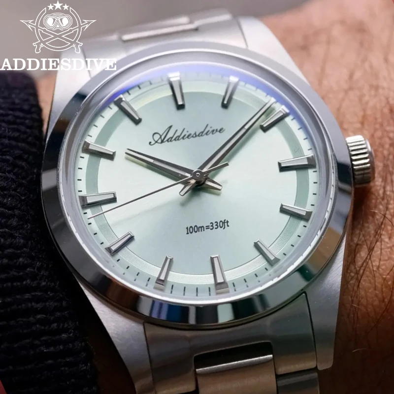 ADDIESDIVE 36mm Quartz Watch New Luxury VH31 AR Coating 3D Scale Mint Green Dial 100m Diving Stainless Steel Business Watch Man