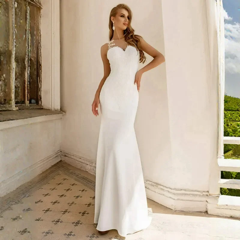 Abito da sposa semplice Country collo trasparente Sexy illusione sirena bottone coperto abito da sposa abito con perline in pizzo abito da sposa Mary