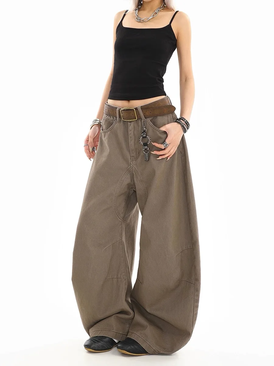 American Retro Solid Color Slim Women Jeans Simple Basic Fashion Street Woman Jeans Casual Loose High Waist Coffee Wide Leg Pant