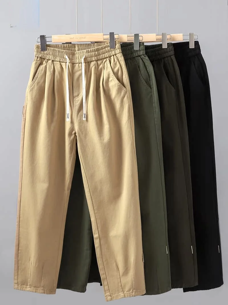 

Мужские повседневные брюки American Sle, весенне-осенние, из плотного чистого хлопка, струящиеся, с завязками, прямого кроя, универсальные, модные, длинные