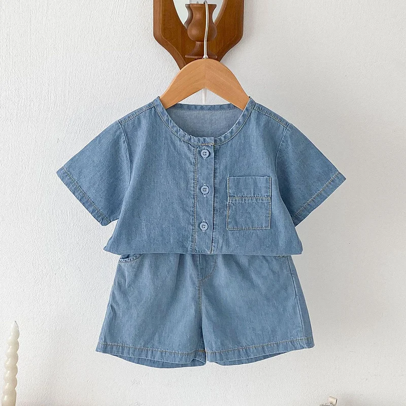 2024 New Summer Kids Clothing Set Infant Baby Romper Kids Princess Dresses Sleeveless Solid Color Denim Sister Clothing