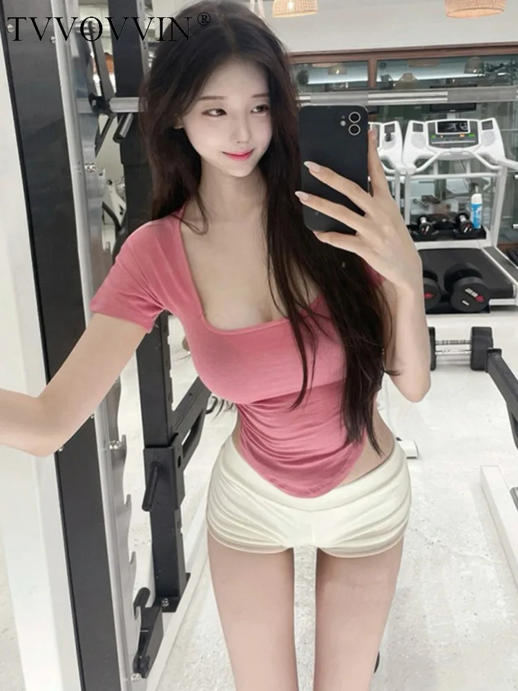 TVVOVVIN Korea  sexy pure desire low breast square neck large tight thin waist open Short Sleeve T-Shirt Top Women tees 5G5F