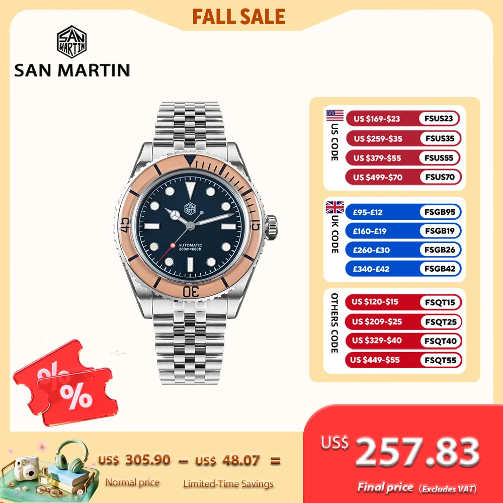 San Martin 40mm Sapphire Bezel NH35 Watches For Men Diving Wristwatch Mechanical Luxury 5-Link Bracelet BGW-X1 20ATM SN0133