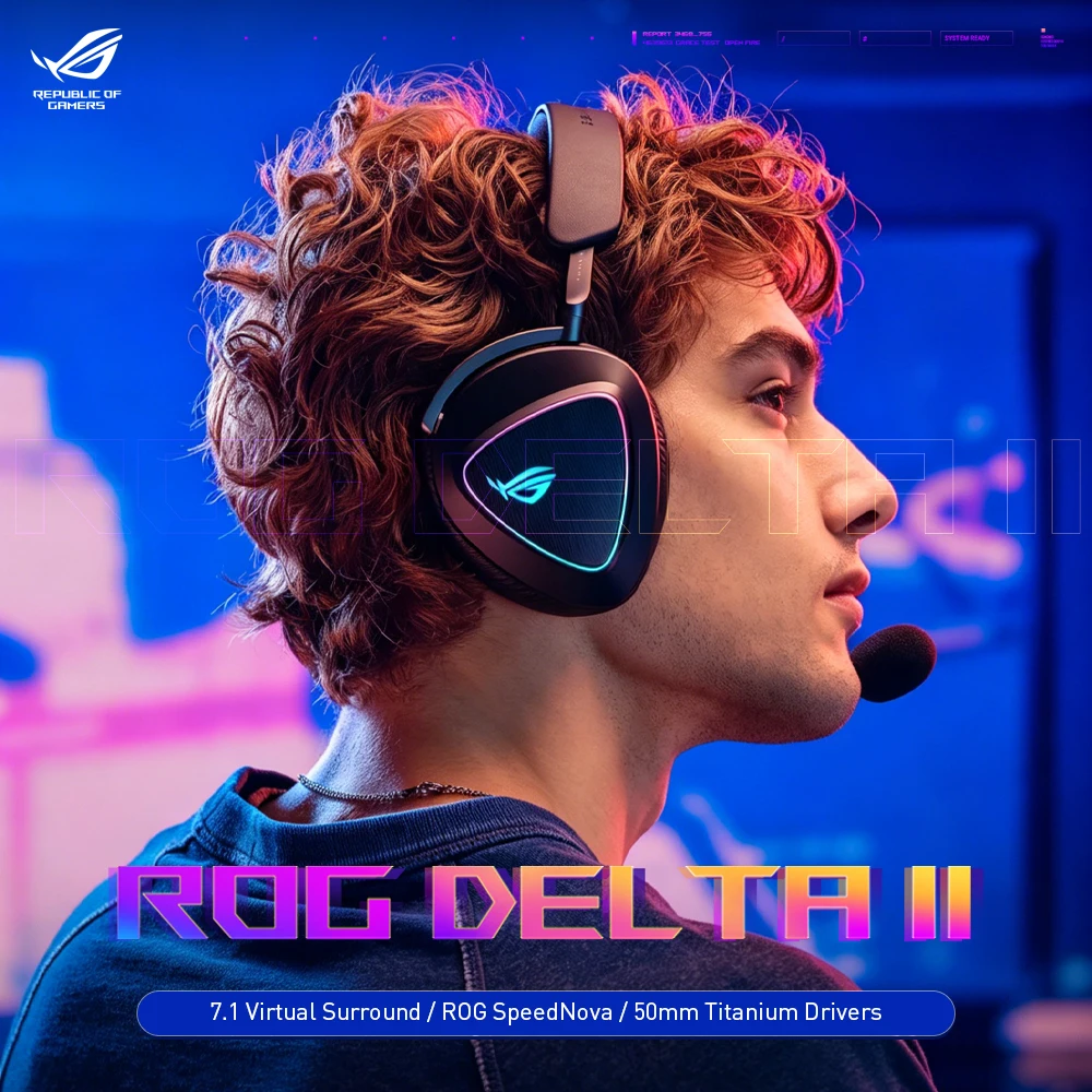 Беспроводная игровая гарнитура ASUS ROG Delta II с 3 режимами, технологией SpeedNova, низкой задержкой, 50-мм титановыми динамиками, 110 часами автономной работы, аудиосистемой DualFlow, RGB-подсветкой, черная