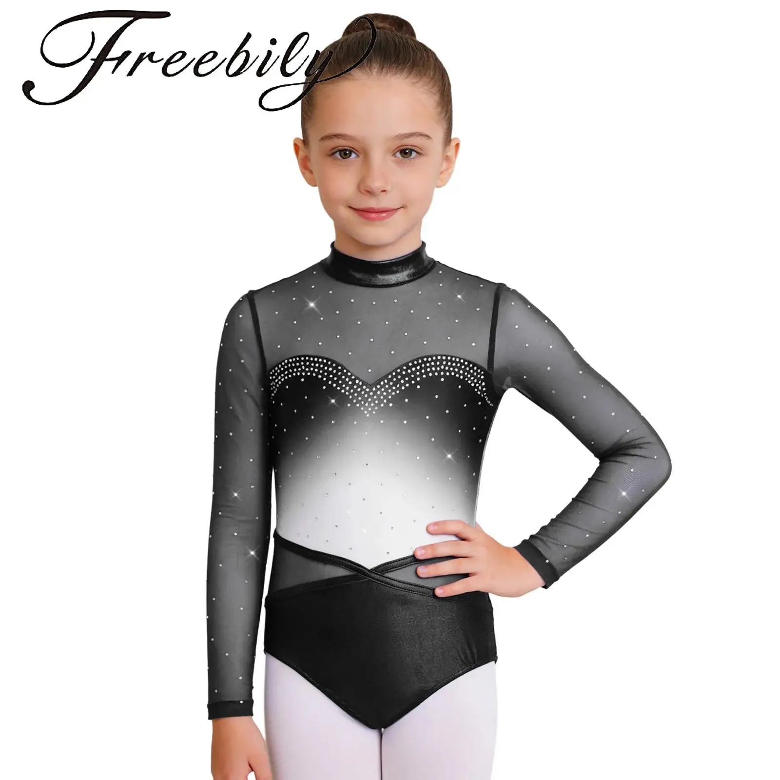 

Kids Girls Gradient Color Gymnastics Leotard Long Sleeve Cutout Back Mesh Patchwork Sparkling Rhinestones Bodysuit