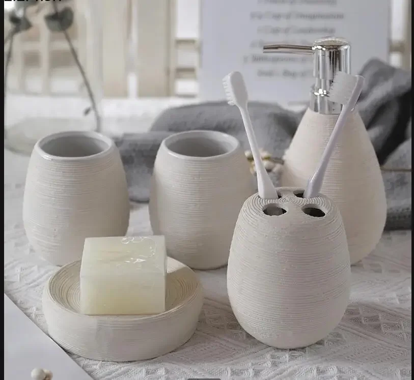 

White Ceramic Bathroom 5 Piece Set Wash Supplies Lotion Bottle Soap Dispenser Mouth Cup Dish Toothbrush Holder