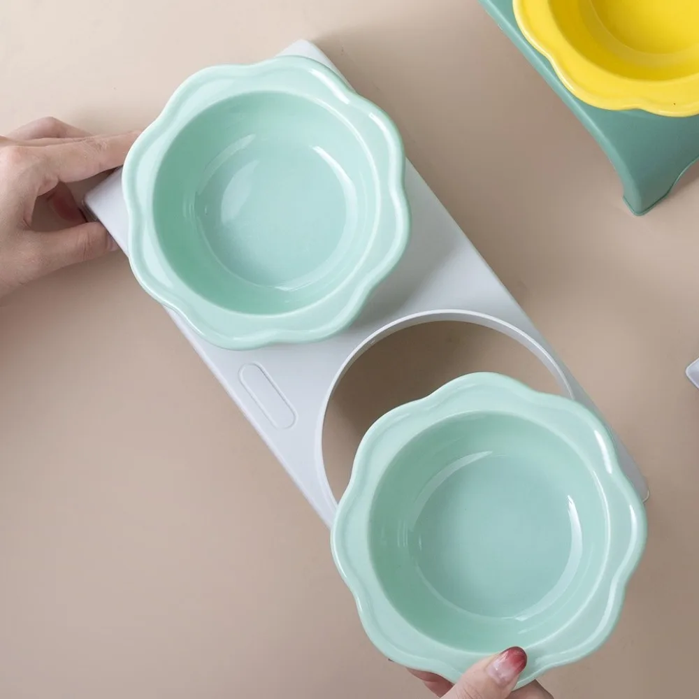 Non-Slip Ceramic Cat Double Bowls Detachable Anti-Flip Dogs Slow Feeder Bowls Protect Cervical Spine Flower Shaped