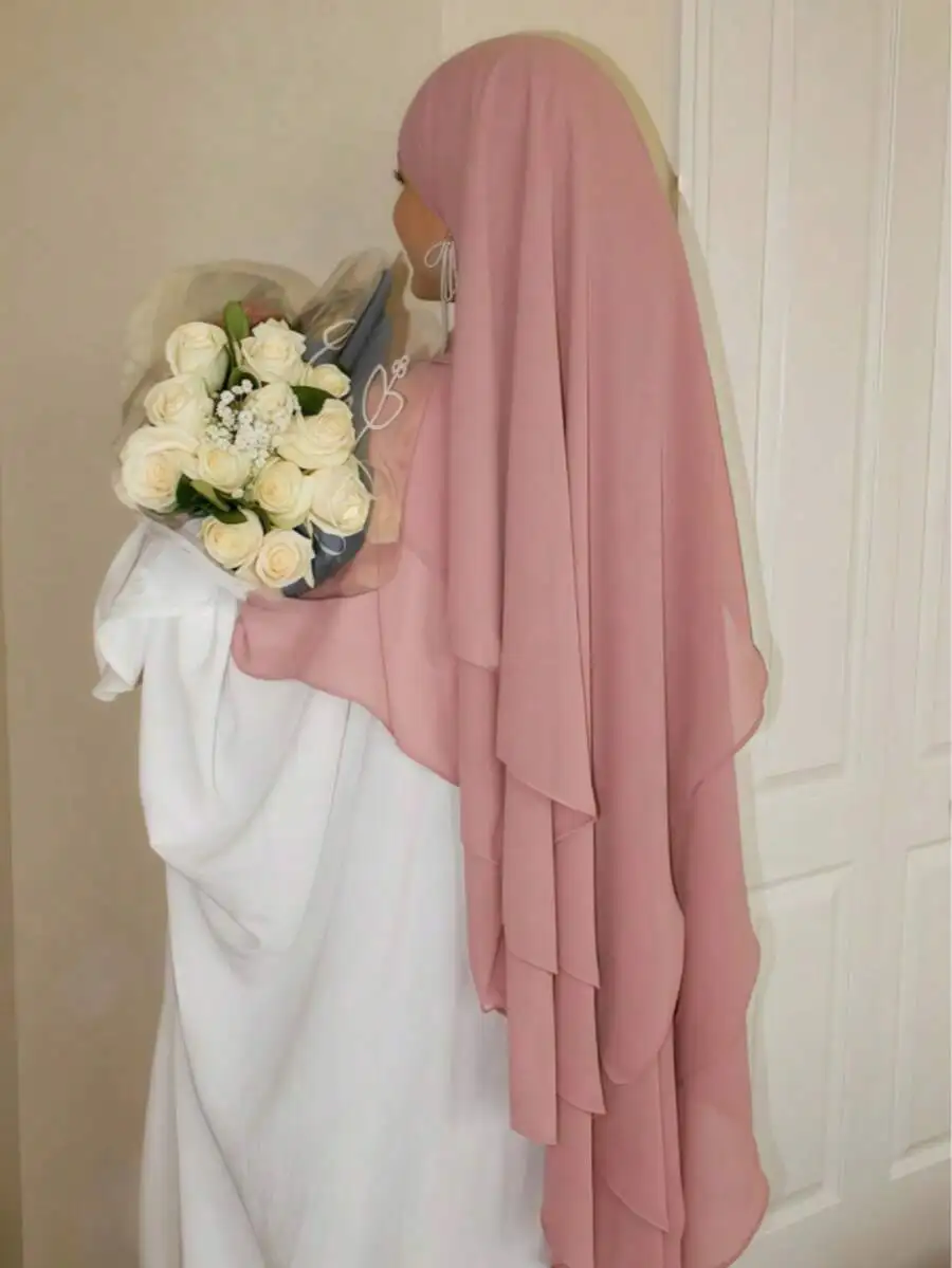 

Women Instant Khimar Solid Color Multi-Layer Asymmetrical Chiffon Headscarf Full Coverage