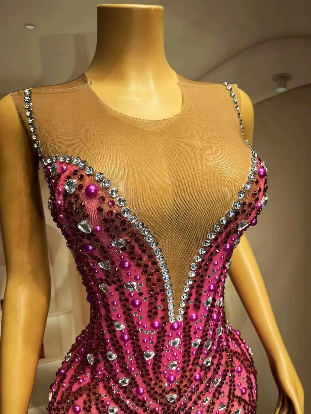 Sexy Stage Rose Rhinetones Pearls Sleeveless Dress Birthday Evening Celebrate Costume Dance Birthday Party Show Evening Dress