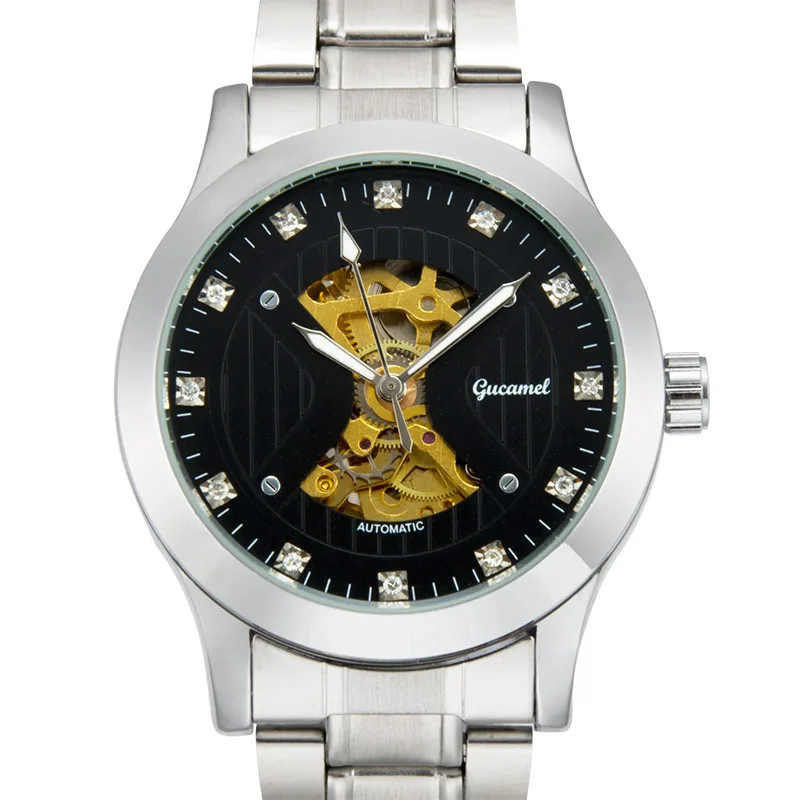 

Men’s *Automatic Mechanical Watch, Skeleton Dial with Transparent Back, Luxury Diamond-Accented Fashion Wristwatch