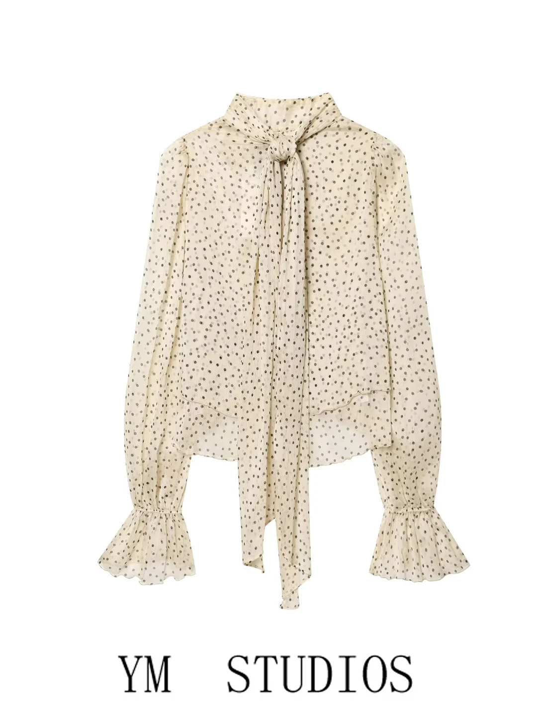 

Elegant Polka Dot Print Bow Tie Short Blouse Elegant Wave Dot Pattern Bell Sleeve Chiffon Shirt Summer Women's Fashion