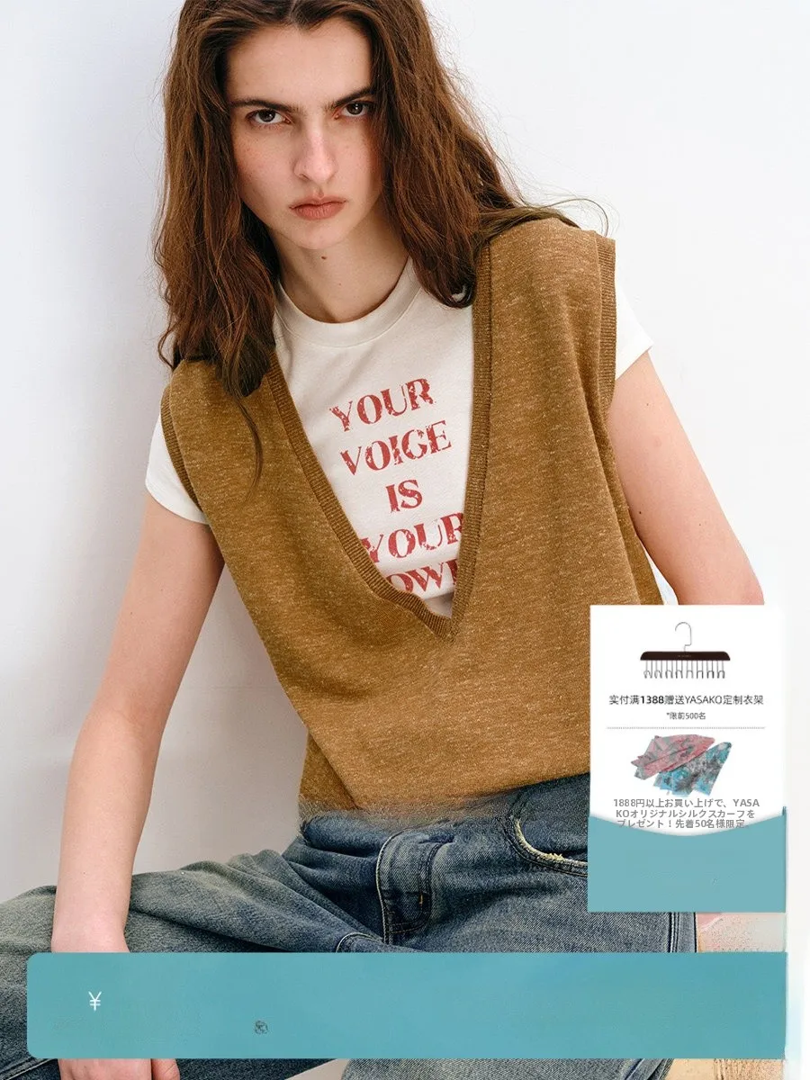 Yasako Paris Evening News High nce - Chaleco de punto con cuello en V profundo, de seda, lino y lana, informal, holgado, para mujer