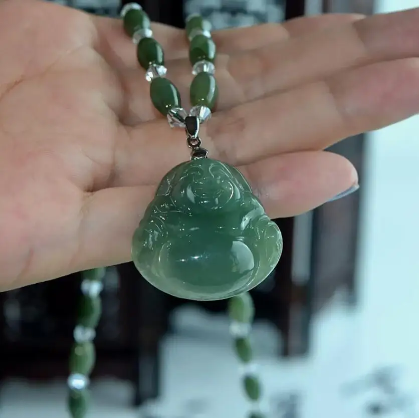 

Natural Grade A Icy Oil Green Jadeite Bead Necklace Pendant Buddha Maitreya