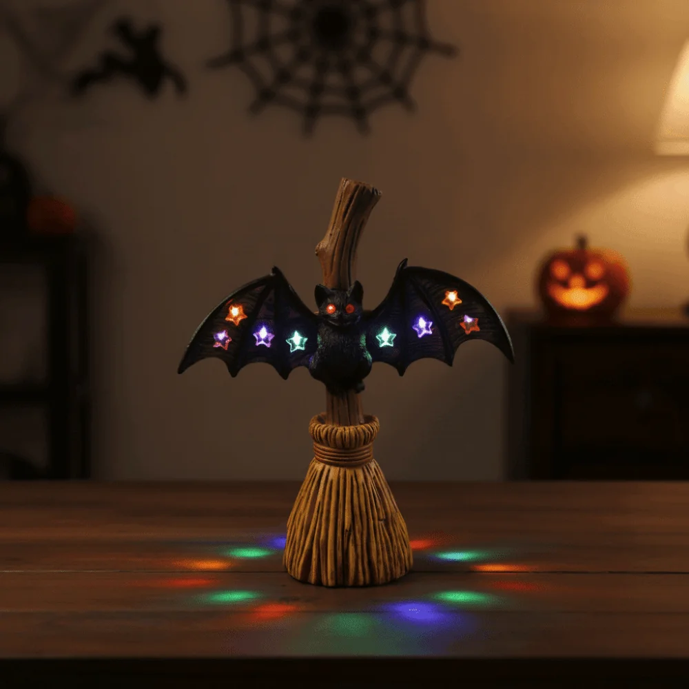Resin Made Bat Broom Light Double Wings Button Cells Battery Power Spooky Desk Lamp Lightweight Fine Texture