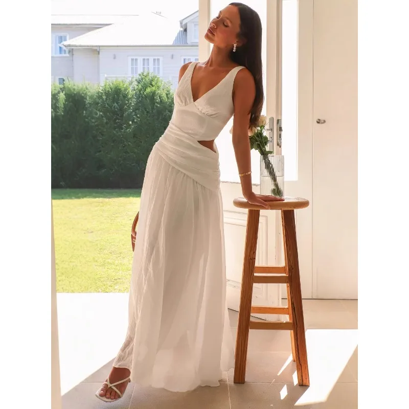 2025 جديد الخامس الرقبة بلا أكمام بلون الربط كبير سوينغ فستان طويل الفقرة موهير الجلباب Longues Vestidos أنيقة Feminino