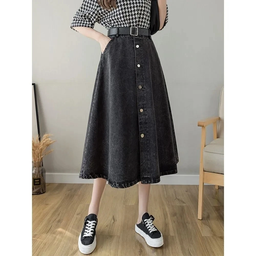 Plus-Size Denim Skirt Women\'s Faldas Mid-Length Black High-Waisted Slimming Single-Breasted A-Line Skirt Ropa De Mujer Dresses