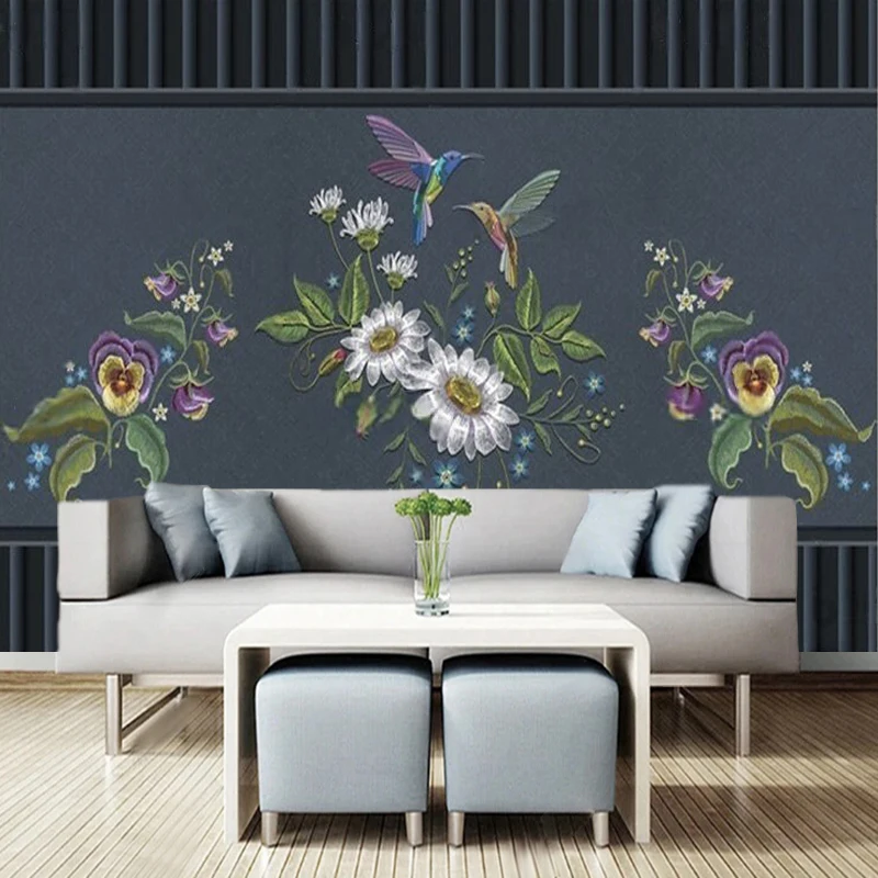 Modern Fashion Creative Embroidered Floral Birds Colorful Hand-Painted TV Bedroom Wall Sticker Custom Mural Cabinet Wall Pnel