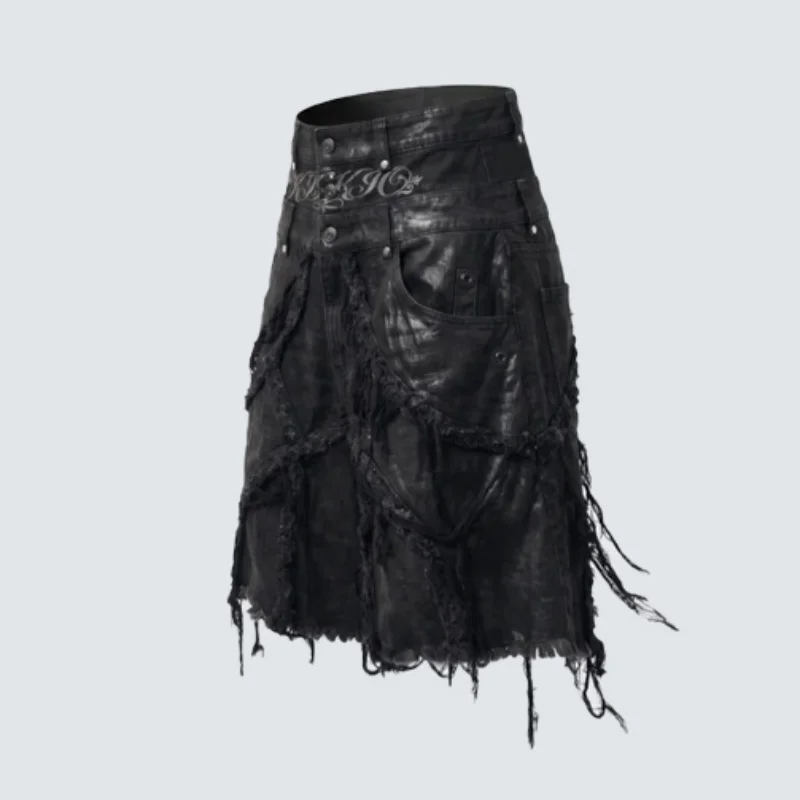 MWJLPWQ Distressed Wide-Border Shorts Dark Street Style Double Waistband Jeans Men's Heavy-Duty Ripped Loose Pants Tide 21496