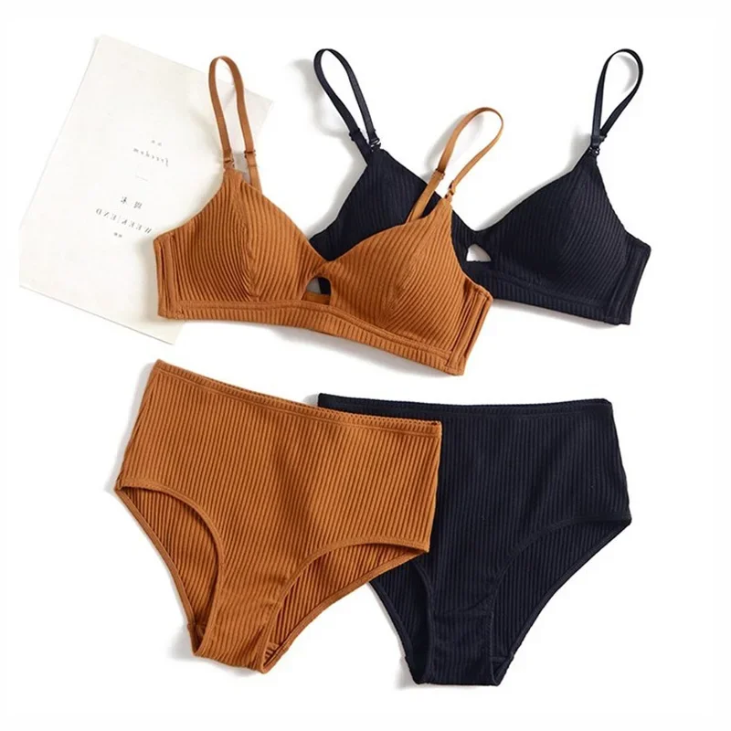 Reggiseno in cotone 95% a 5 colori e slip a vita alta da donna intimo sexy set di reggiseni lingerie comfort femminile senza cuciture a righe francesi