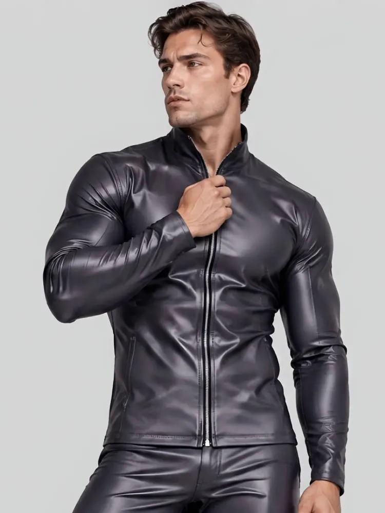 Fashion Cloth Latex PVC Shiny T-shirts Men's Slim PU Double Side Wear Nightclub Stage Tops High Neck Long Sleeve Zipper Open
