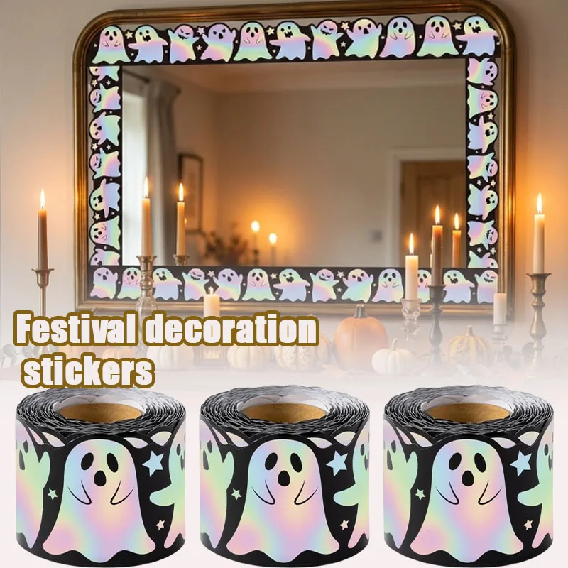 1-10Rolls 5m Halloween Laser Ghost Decal Sticker Self Adhesive for Window Door Bulletin Board Classroom Decor Roll