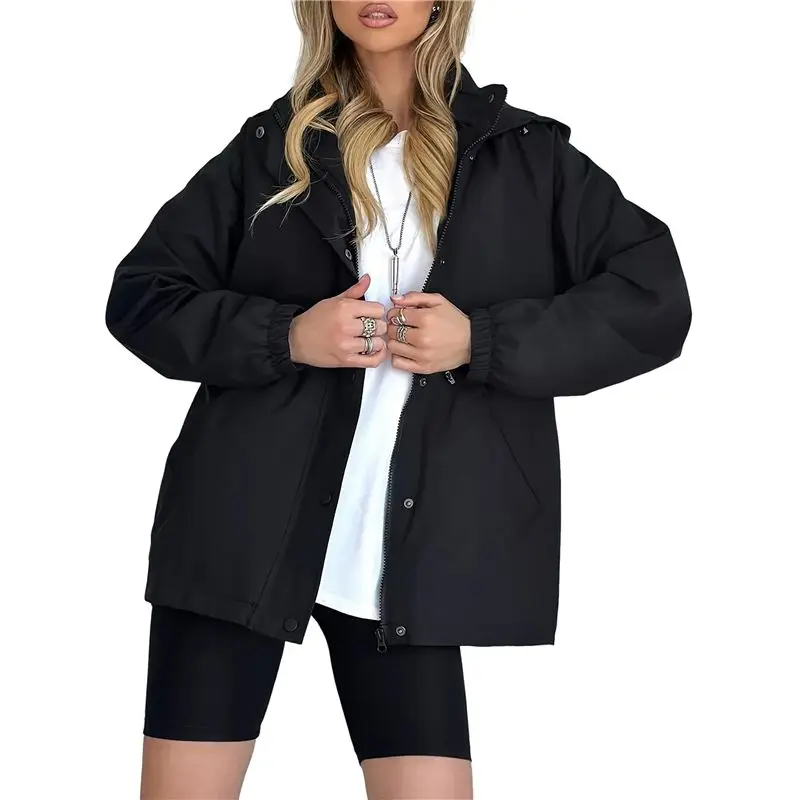 

A24F-Women Waterproof Long Hooded Zip-Up Long Sleeves Rain Jacket Trench Coats Windbreaker Travel Jacket
