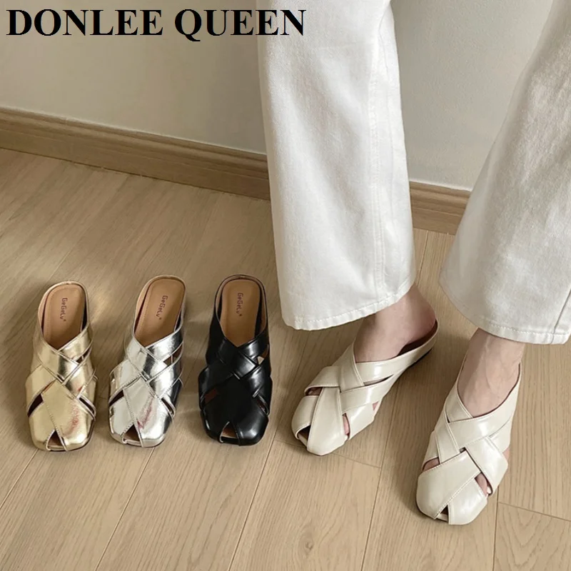 Fashion Women Slippers Square Toe Shallow Slip On Mules Shoes 2024 Summer Gold Sliver Slides Slipper Flats Heel Flip Flops Mujer