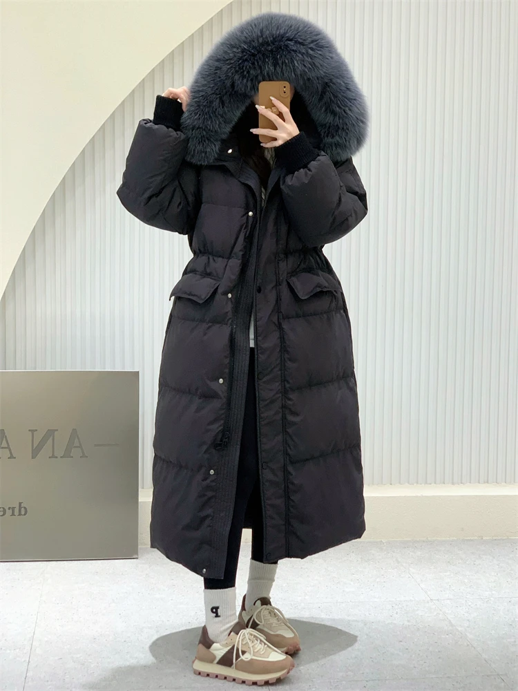 2024 New Winter Women Real Fox Fur Collar Thick Warm Puffer Coat Hooded Down Jacket Luxury Outwear Female Loose Long Parkas