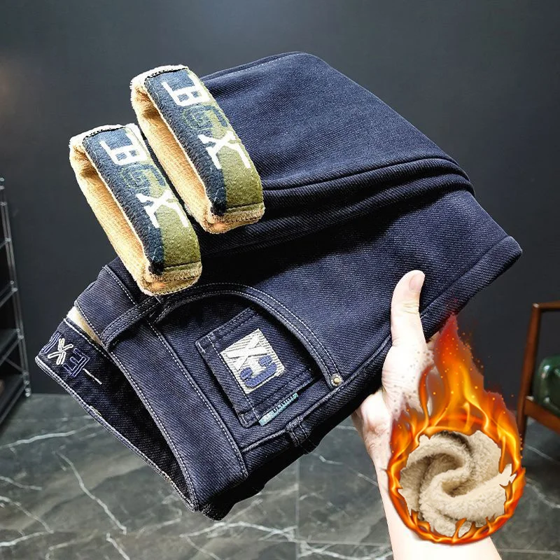 High Quality Fashion Luxury Washed Men Slim Jeans Male Winter Thick Warm Streetwears Designer Brand Pants Casual Denim Trousers