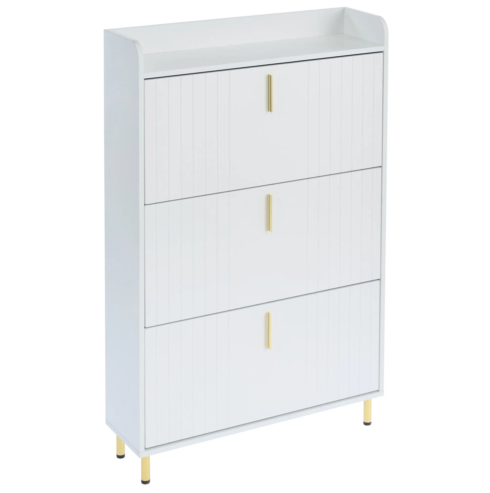 Witte MDF schoenenkast met 3 klapdeuren, 6 vakken, verstelbare planken, 80x23,5x123,5 cm