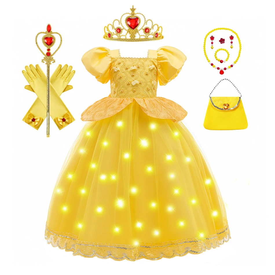 Robe de Princesse en Maille Jaune pour Fille, Bouffante, en Dentelle, Costume de la Belle et la Bête, Vêtements d'Halloween