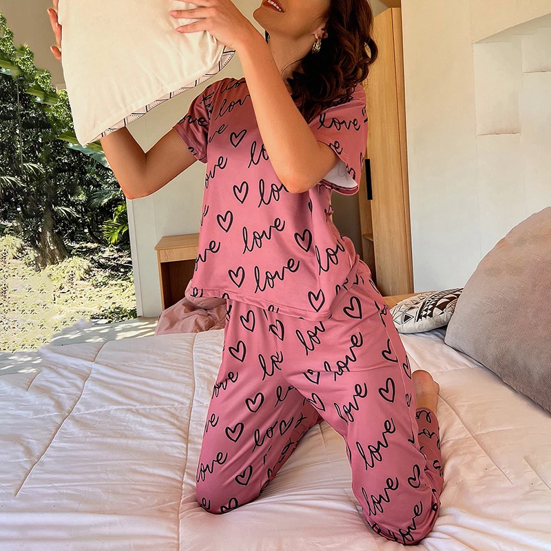 Damen-Pyjama-Set mit Cartoon-Druck, kurzärmelig, Oberteil, lange Hose, weiche, bequeme Nachtwäsche für Damen, Homewear-Pyjama – Detail 8