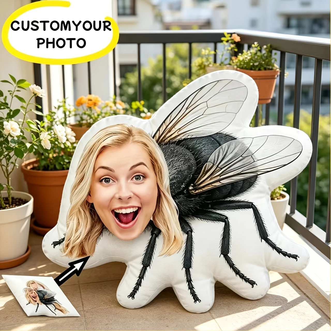 1pc - Custom Quirky Fly Portrait Pillow, Real Photo DIY Demonic Fly Shaped Human Pillow, Customizable Avatar Embedding Design, B