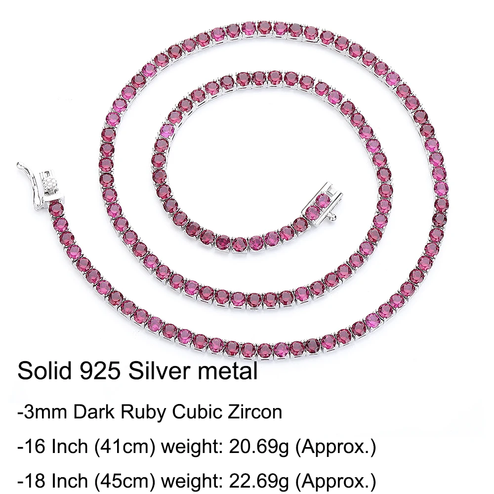 Real 925 Sterling Silver Tennis Necklace 16/18 Inch (41/45 cm) Pave 3mm Dark Ruby Red Cubic Zircon Fine Jewelry Choker Chain