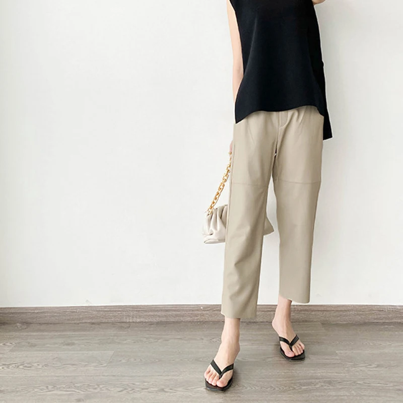 Khaki/Beige Leather Pants Autumn Winter Elastic Waist Oblique Pocket Casual Simple Versatile Real Sheepskin Ankle-Length Trouser