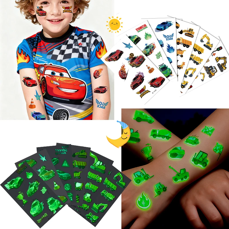 

8pcs Luminous Cartoon Car Temporary Tattoo Sticker Sports Car Engineering Vehicle Excavator Waterproof Tattoo Sticker