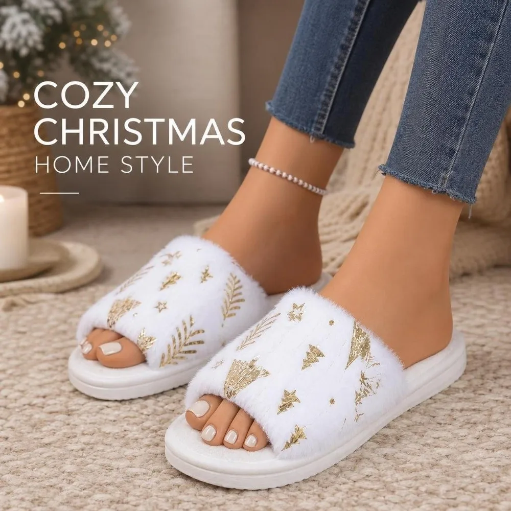 Open-Toe Christmas Tree Slippers Embroidered Snowflake Xmas Tree Furry Slippers Plus Velvet One-Step Women Home Slippers - view 2