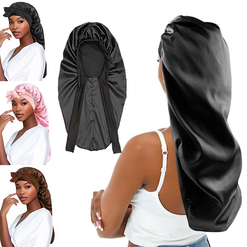 Bonnet de nuit Long en Satin pour femmes noires, couleur unie, Extra Large, avec cravate longue, Bonnet de soins capillaires pour tous les Types de cheveux