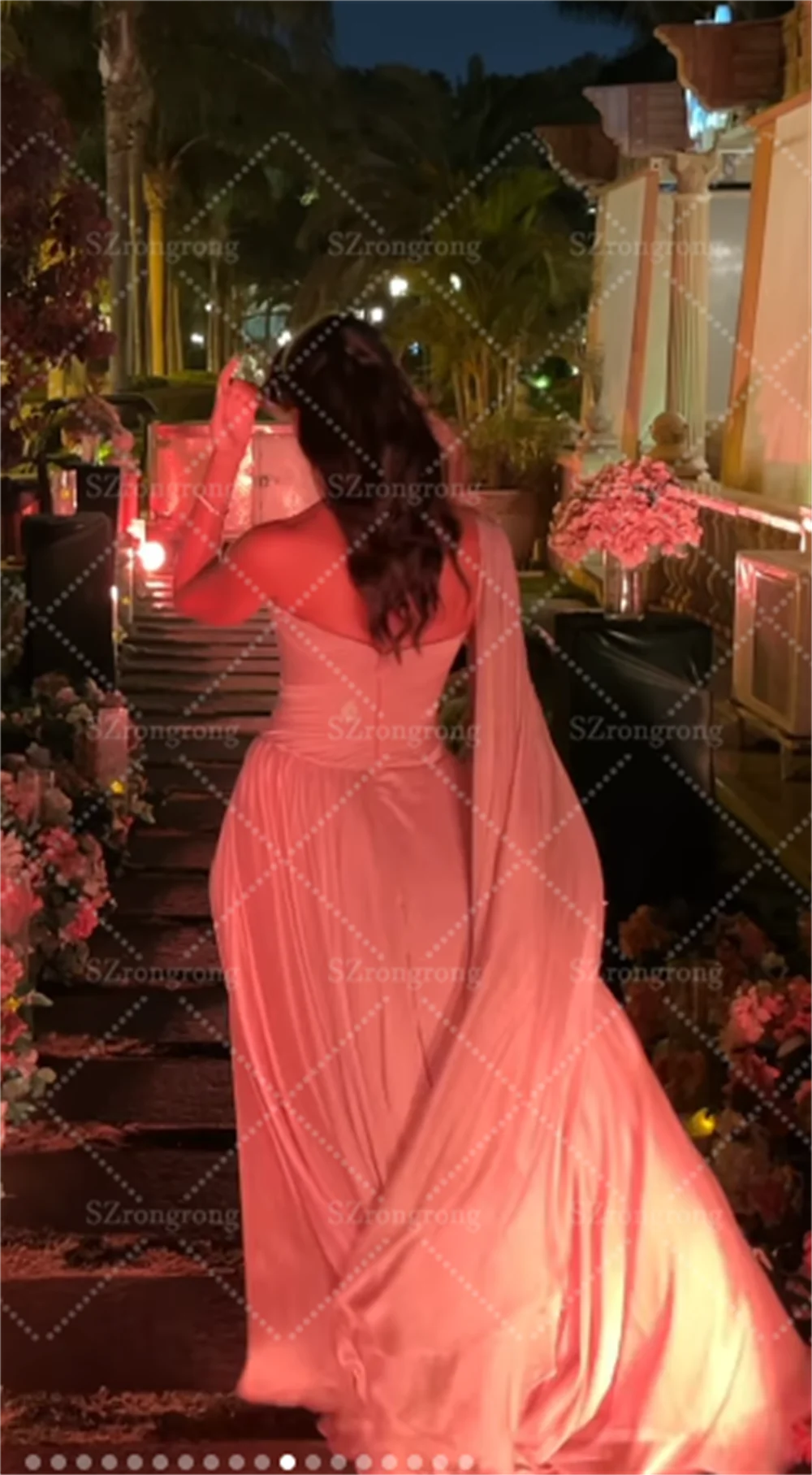 Custom Made Elegant Pink Strapless Tiered Pleated Saudi Evening Gown Beading A-line Floor Length Prom Party Dress with Cape