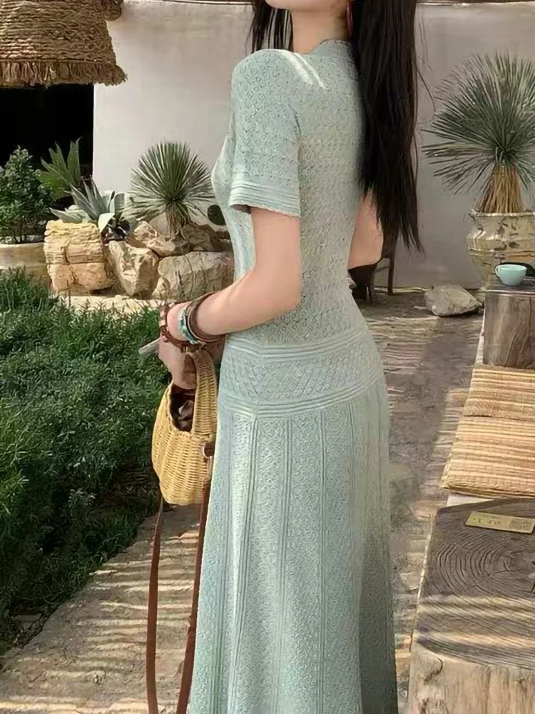 

Women's green diamond knitted dress round neck single breasted short sleeve slim maxi dress
