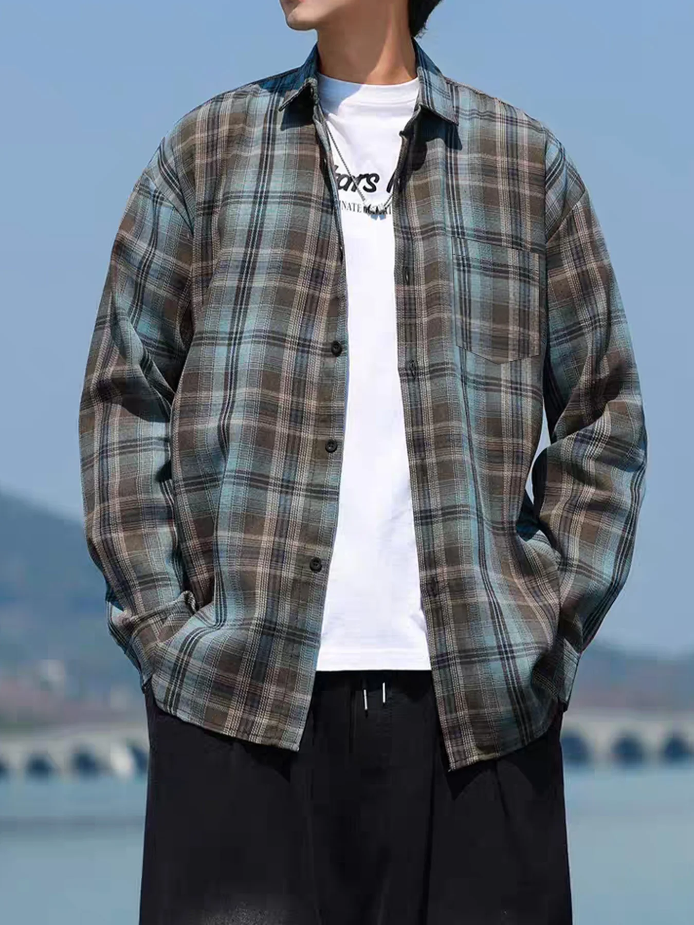 

American-style retro plaid lazy shirt, blue new plaid casual long-sleeve shirt