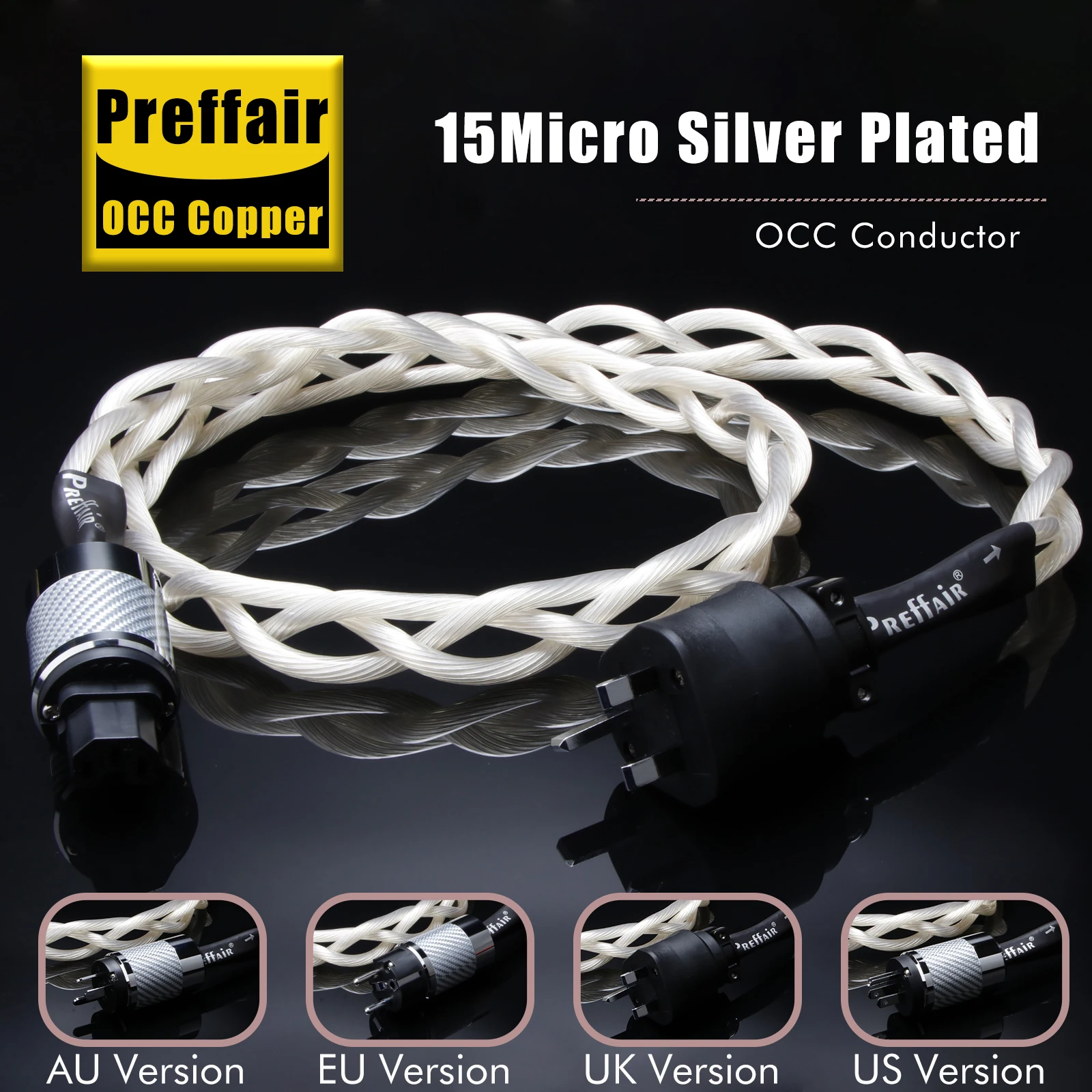 HiFi Power Cable OCC Silver Plated Audiophile Power Cord with EU/US/AU/UK Power Cord C15 Female Plugs